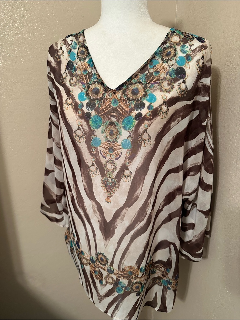 Chico's Brown & Teal V-Neck Printed Tunic Blouse